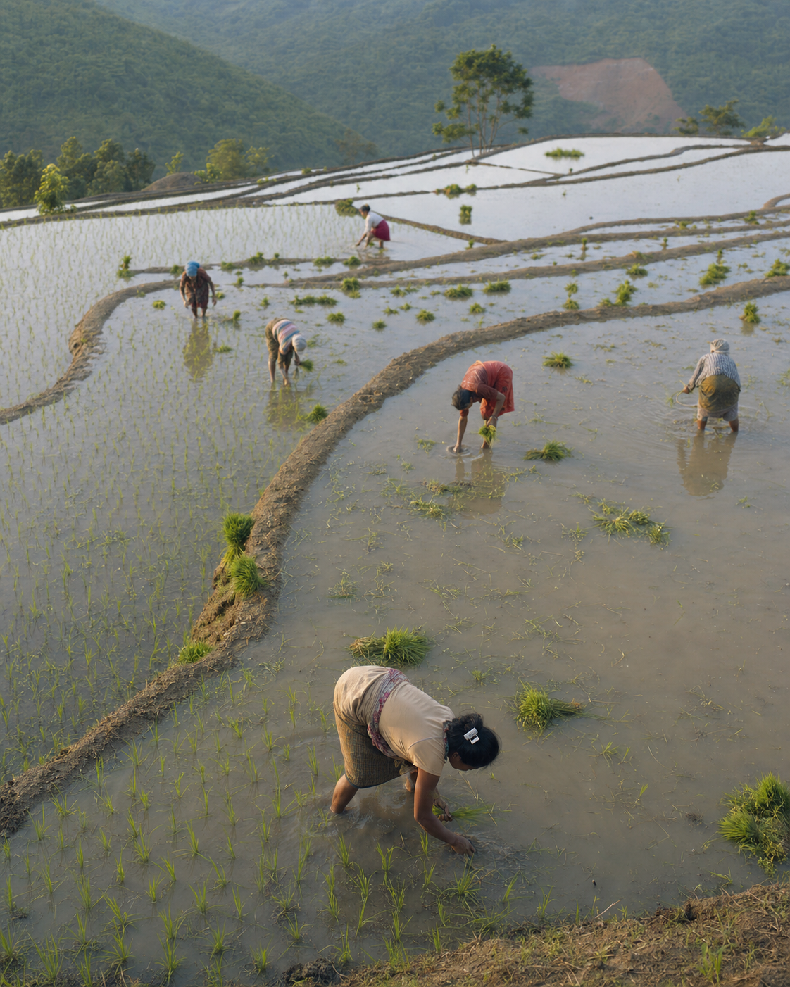 Farmers planting rice in terraced paddy fields